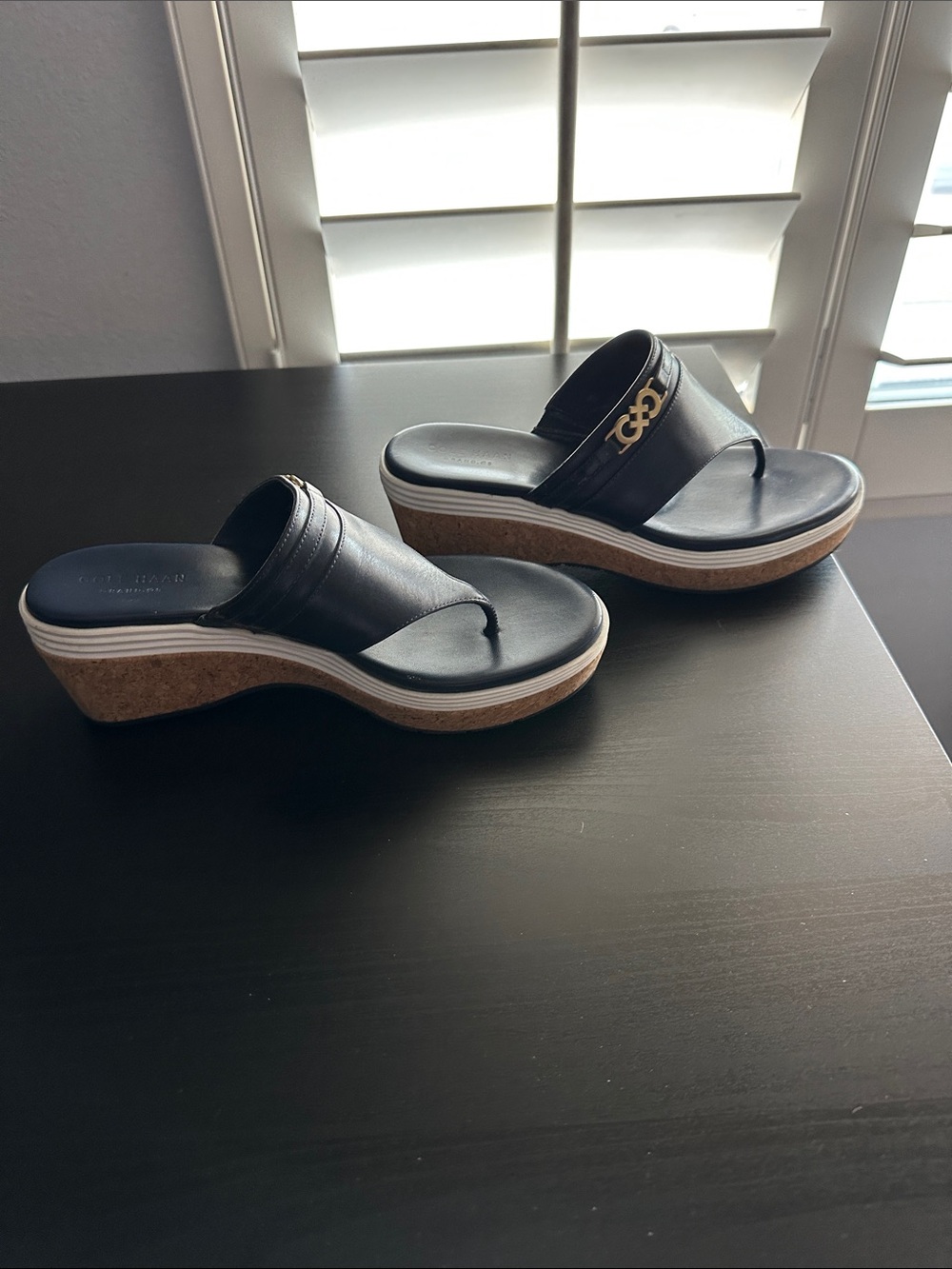 Cole Haan blue leather sandals with gold logo accent and cork souls, size 7 - Picture 3 of 7